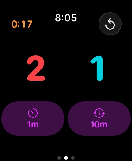 The same Apple Watch large counters recolored: a red set counter and a cyan exercise counter