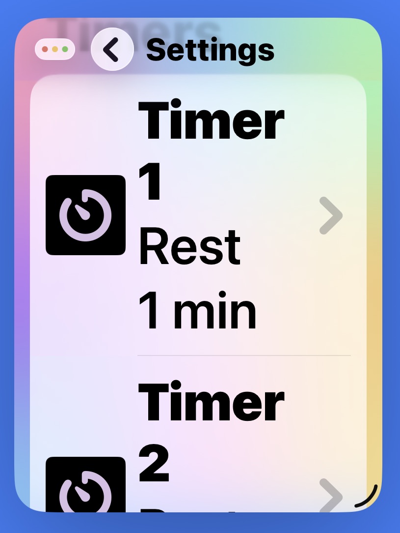 The app's timer settings at the largest Dynamic Type size, showing 'Timer 1 Rest 1 min' in oversized text