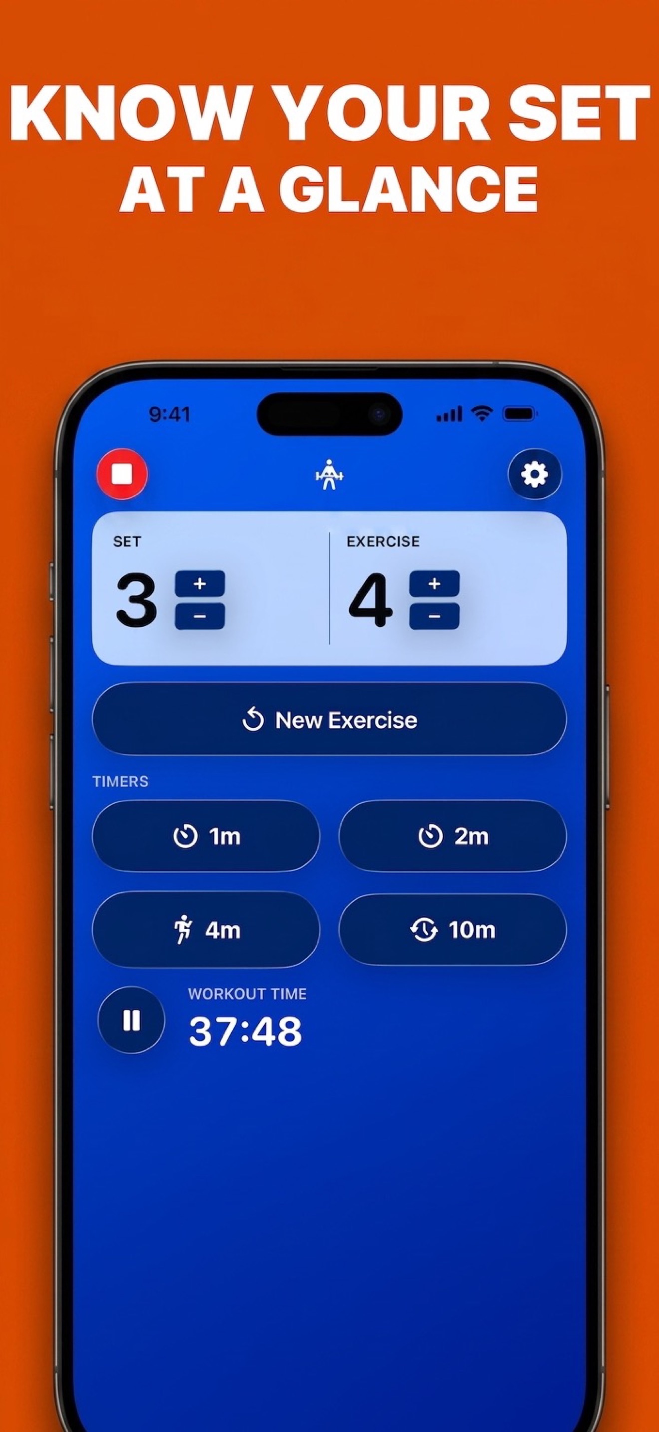 What's My Set on iPhone showing large set and exercise counters with quick-access rest timer buttons