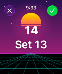 A colorful sun sets against a purple sky as a grid floats forward.