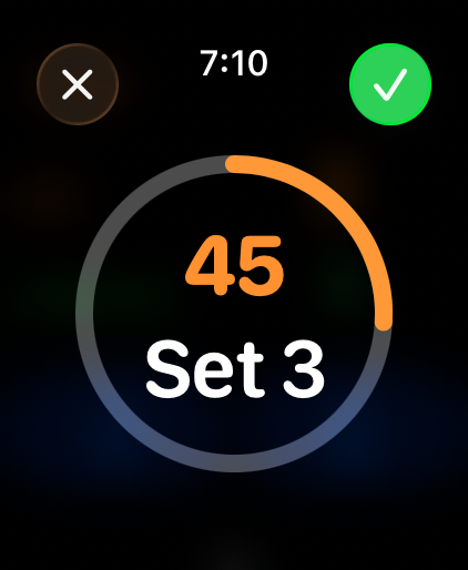Apple Watch rest timer ring counting down 45 seconds before set 3